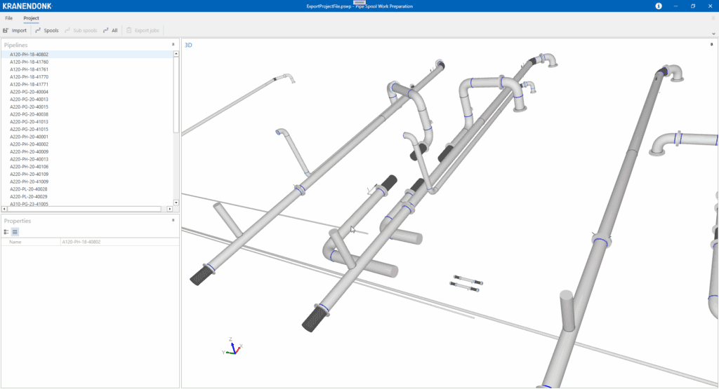 KRANENDONK社の配管スプール作業準備（PSWP）ソフトウェアにおける配管レイアウトの3Dビュー。